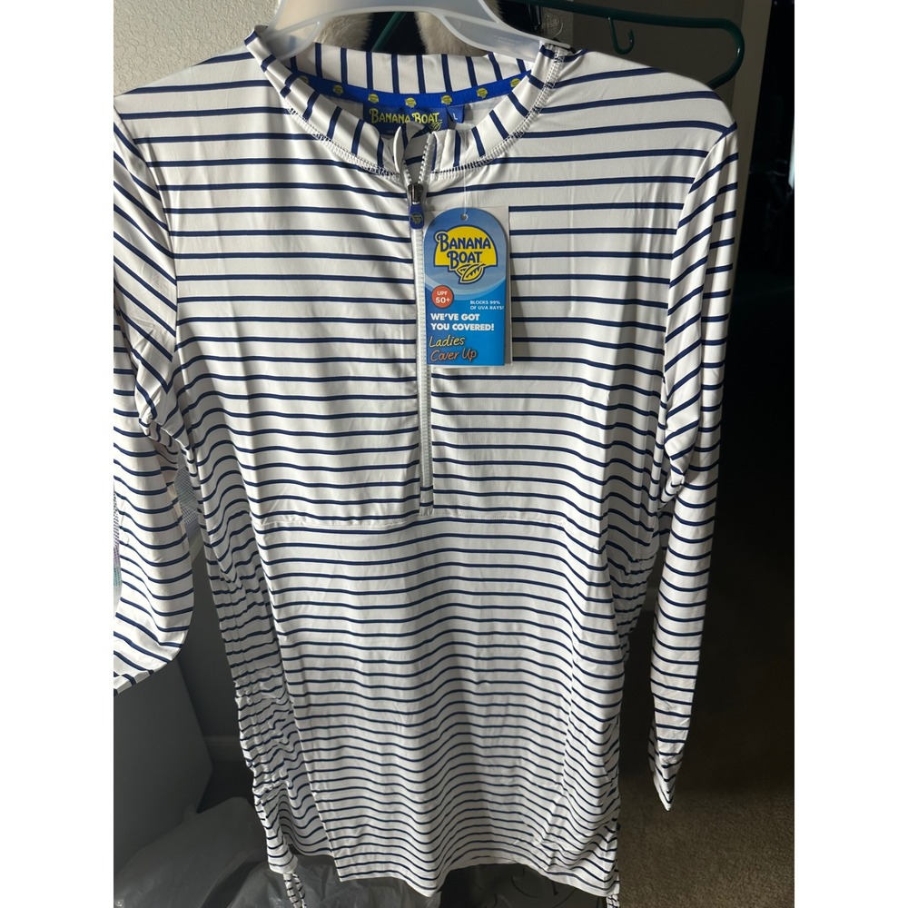 Banana Boat Swim Cover Up Womens Large White Navy NWT UPF 50+ Zip Cinched BB255